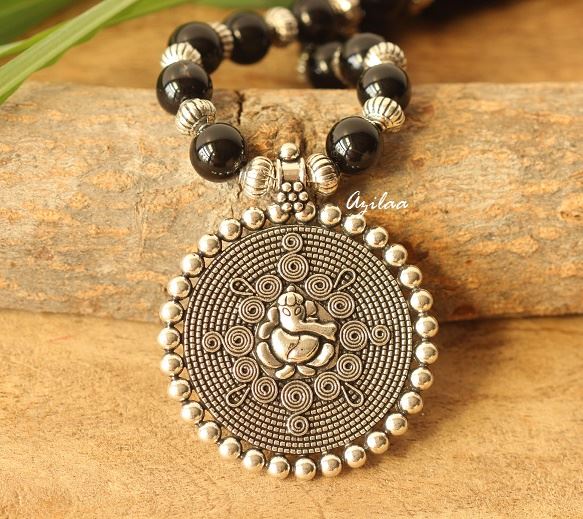 Black Onyx Ganesha gemstone artisan handmade necklace set