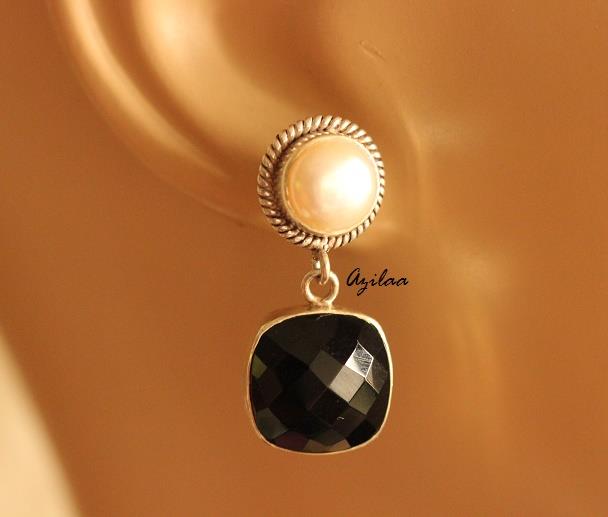Black Onyx pearl gemstone sterling silver handmade earrings