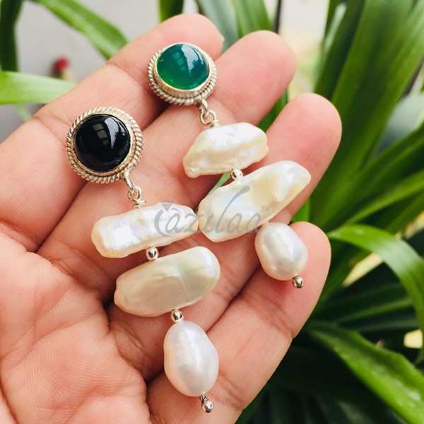 Black Onyx pearl gemstone sterling silver handmade earrings