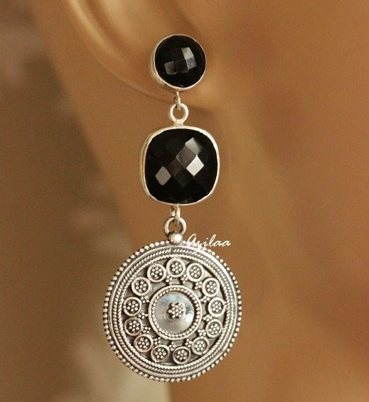 Black Onyx silver artisan ethnic earrings, Designer earrings