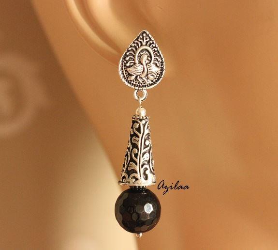 Black gemstone handmade silver tone post earrings