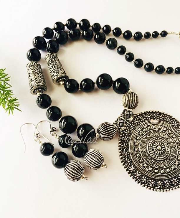 Black onyx tribal gemstone beaded handmade necklace set