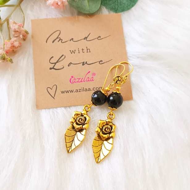 Black onyx  gemstone golden rose charm earrings