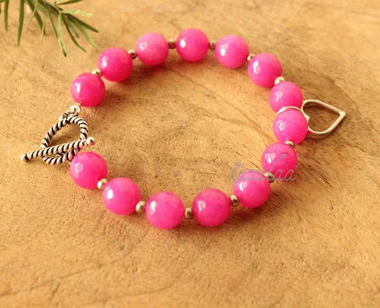 Black pink Gemstone beaded handmade heart charm couple bracelet