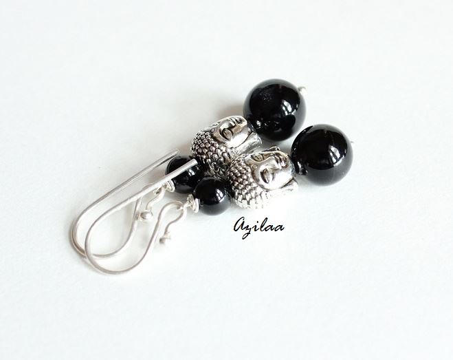 Black onyx Buddha silver gemstone handmade earrings
