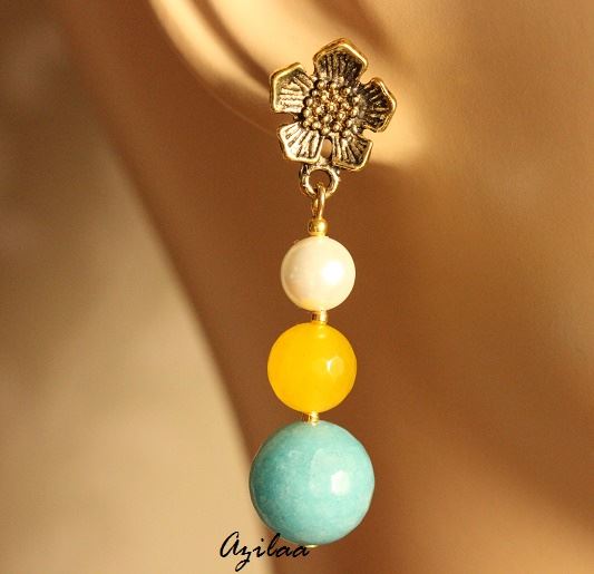 Blue  yellow white Antique Gold tone handmade earrings