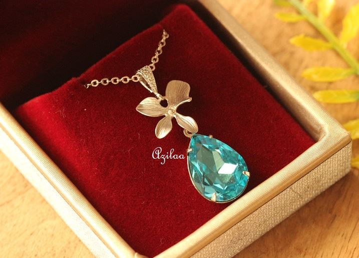 Blue Crystal CZ flower pendant silver necklace