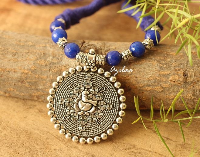 Blue Ethnic Ganesha silver plated gemstone handmade necklace 