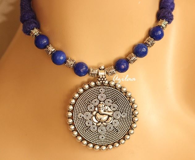 Blue Ethnic Ganesha silver plated gemstone handmade necklace 