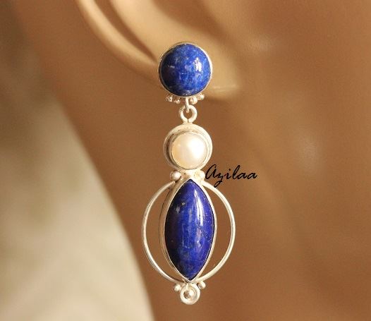 Blue Lapis Lazuli Pearl gemstone sterling silver earrings