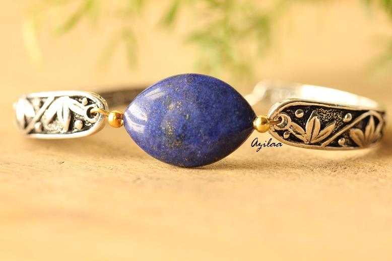 Blue Lapis Silver tone gemstone beaded handmade bracelet