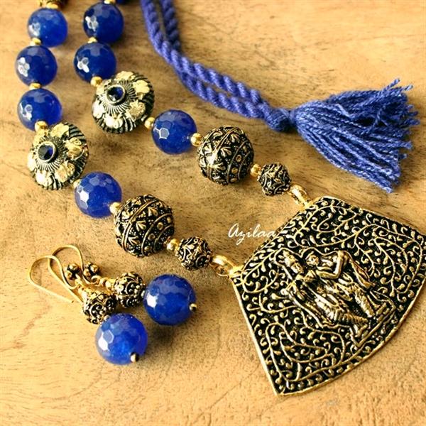 Radha Krishna pendant necklace set, Blue beads jewellery set at ?2950