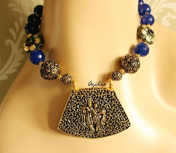Radha Krishna pendant necklace set, Blue beads jewellery set