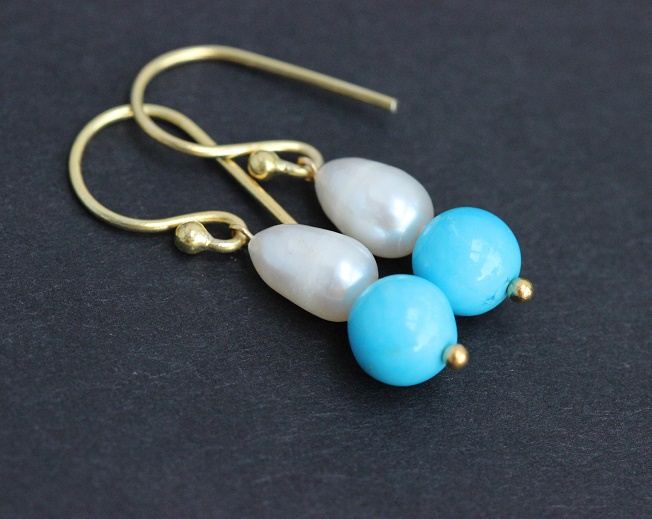 Blue Turquoise pearl earrings gemstone earrings gold plated earrings
