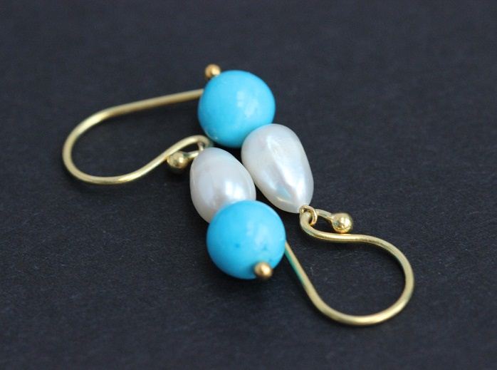 Blue Turquoise pearl earrings gemstone earrings gold plated earrings