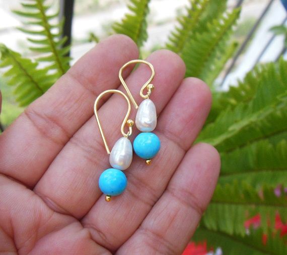 Blue Turquoise pearl earrings gemstone earrings gold plated earrings