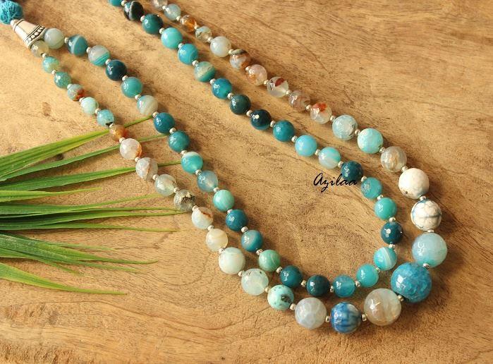 Blue agate layered gemstone artisan handmade necklace