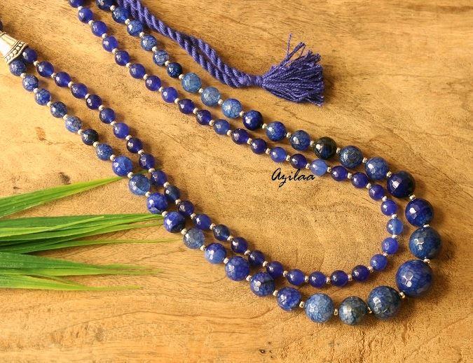 Blue agate layered gemstone artisan handmade necklace