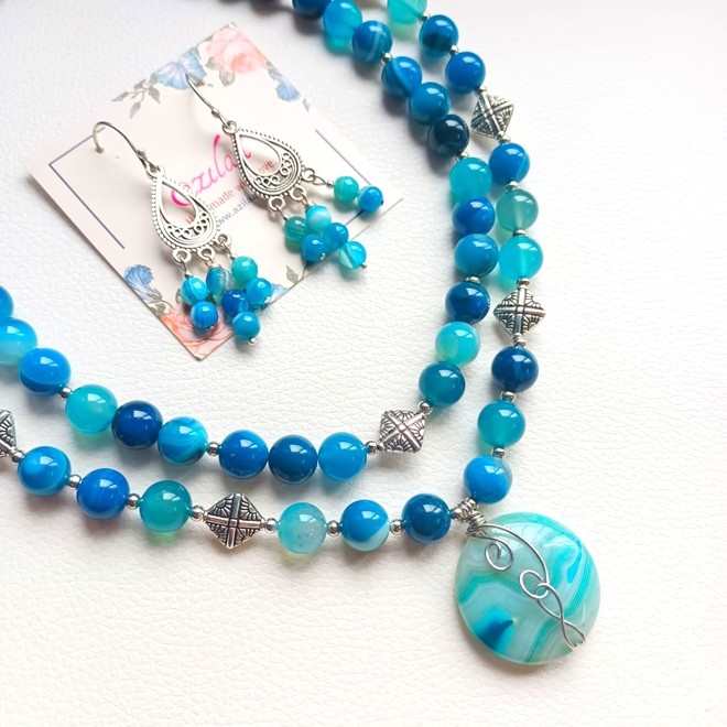 Blue agate ooak Statement designer gemstone necklace set