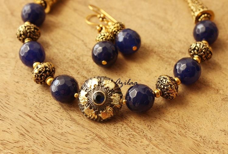 Antique gold tone blue stone necklace set, Statement necklace
