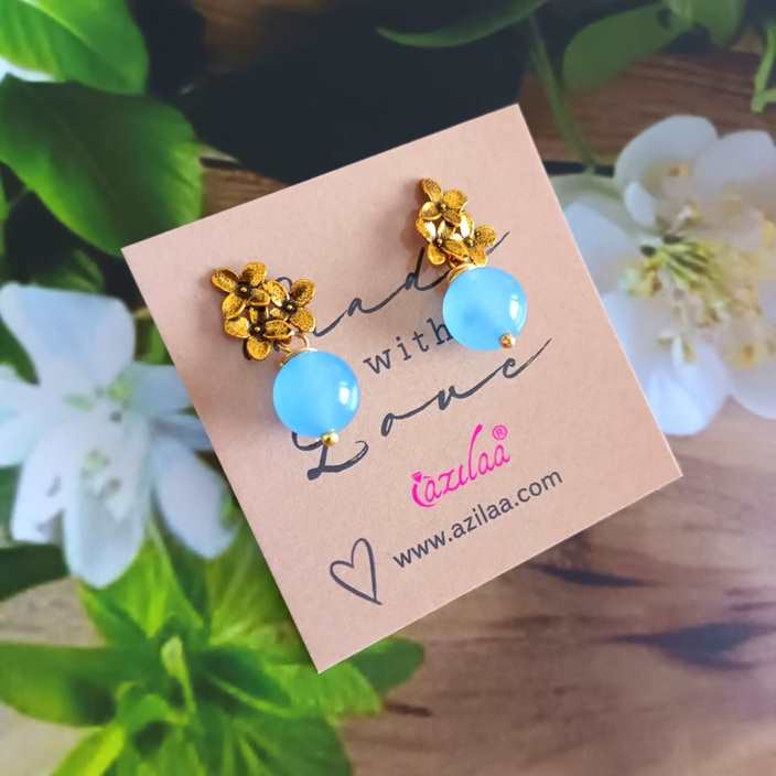 Blue gemstone antique golden flower stud dangler earrings