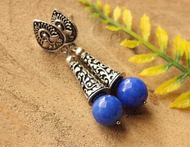 Blue gemstone handmade silver tone post earrings
