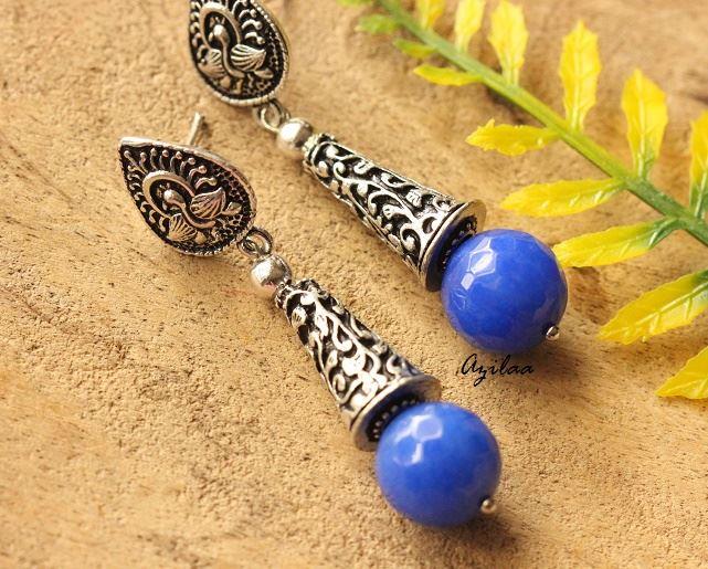 Blue gemstone handmade silver tone post earrings