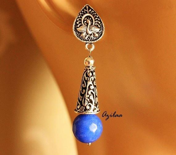 Blue gemstone handmade silver tone post earrings