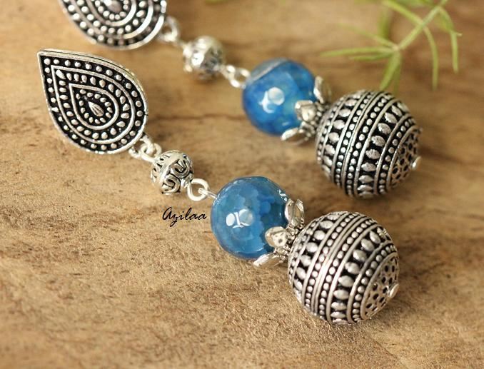 Blue gemstone silver post  ethnic earrings