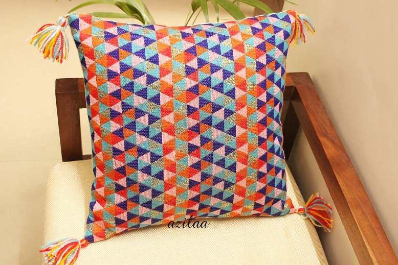 Blue geometric orange handloom handmade cushion cover 