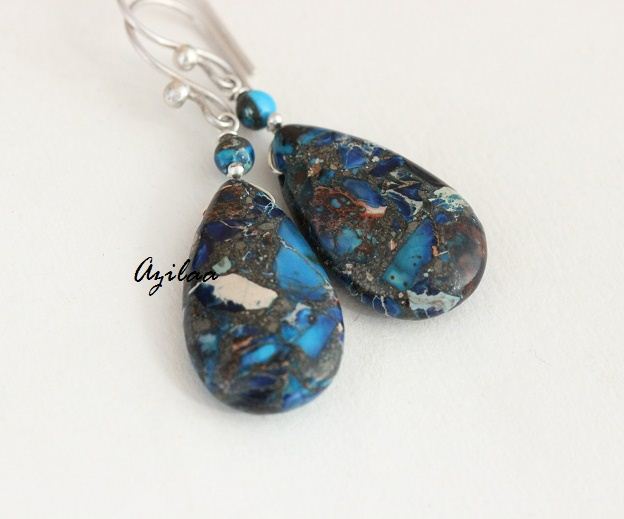 Blue jasper gemstone handmade beaded earrings