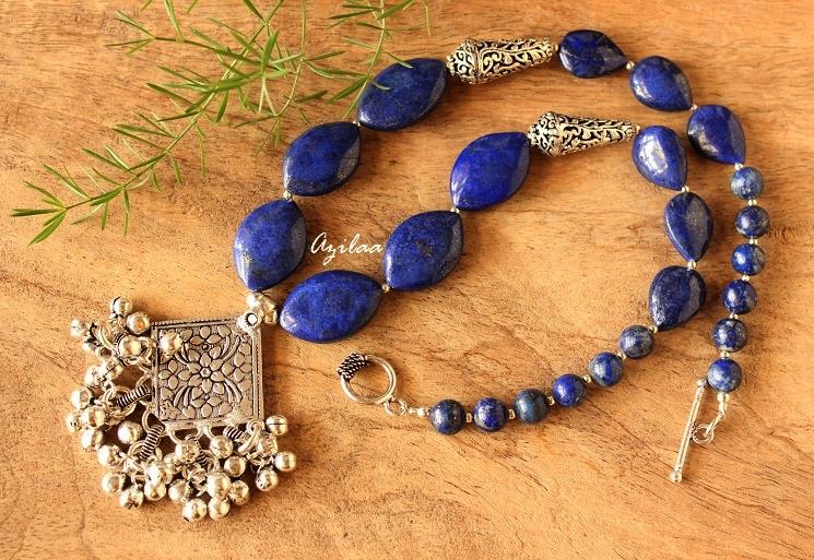 Blue lapis gemstone handmade silver necklace earring