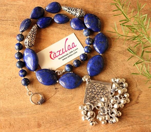 Blue lapis gemstone handmade silver necklace earring