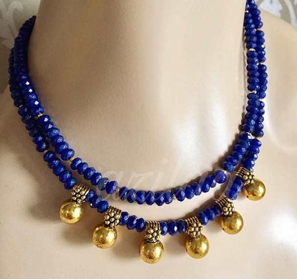 Blue layered beaded necklace earring set gemstone jewelry