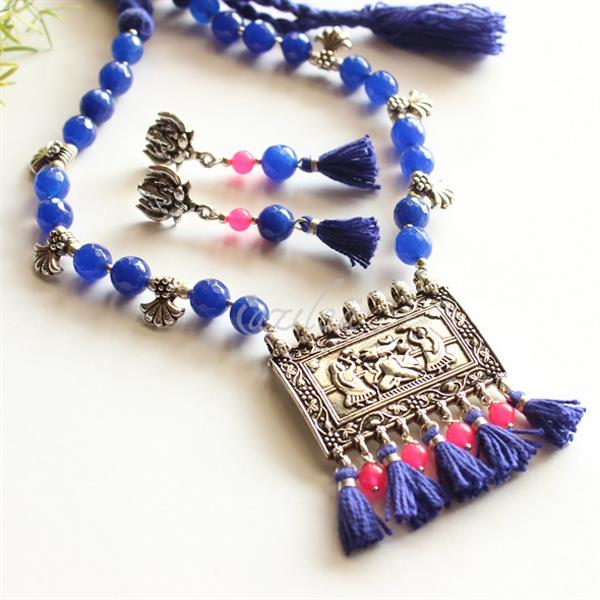 Blue pink necklace set,blue beaded tassel necklace earrings set at