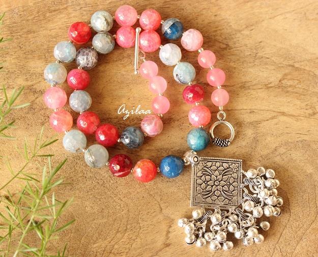 Blue pink shade agate gemstone handmade silver necklace earring