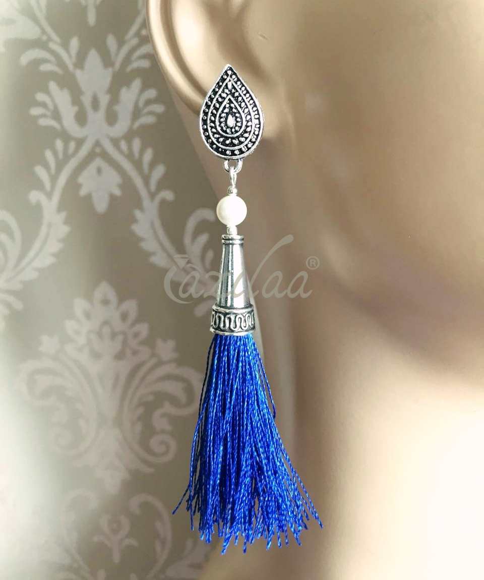 Blue silk tassel pearl handmade post earrings