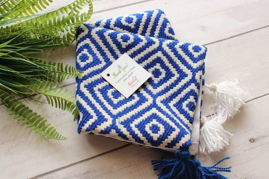  Blue white geometric handloom handmade cushion cover 1