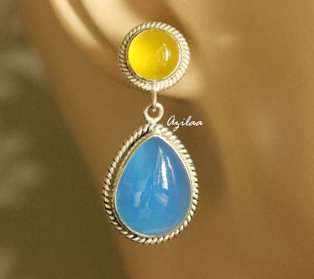 Blue yellow chalcedony Sterling silver designer gemstone earrings