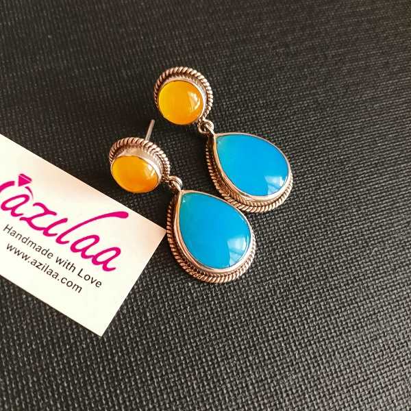 Blue yellow chalcedony Sterling silver designer gemstone earrings