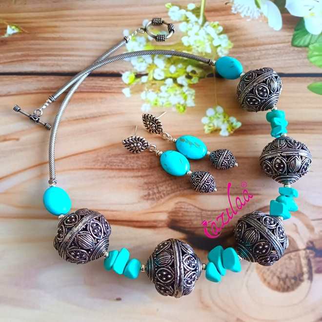  Bohemian Choker turquoise antique silver necklace set