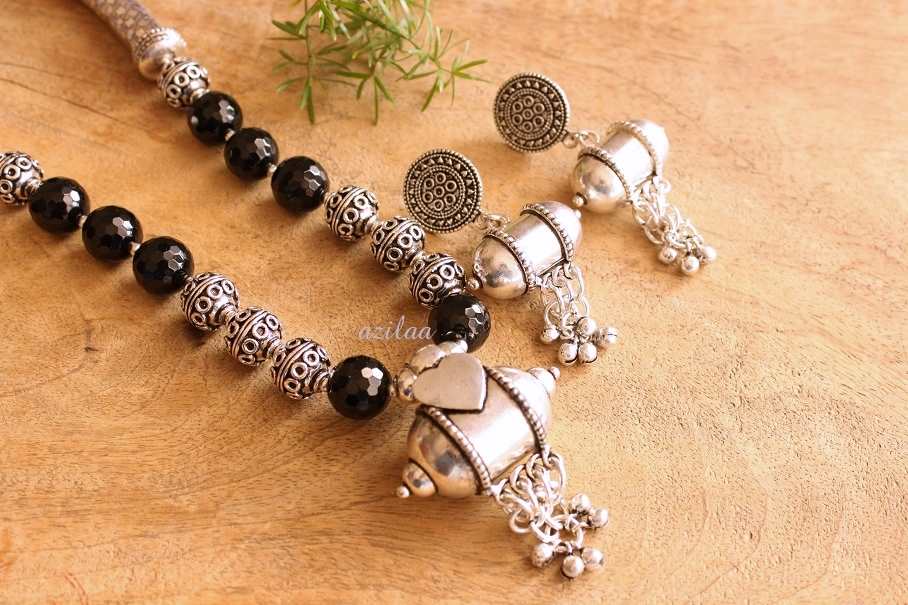 Boho statement Black onyx gemstone necklace earrings set