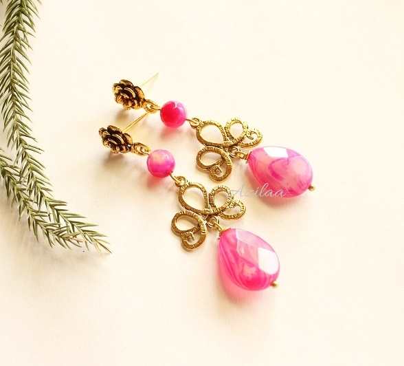 Bright Pink Gold Plated Gemstone Beaded, Pink And Gold Crystal Chandelier Earrings