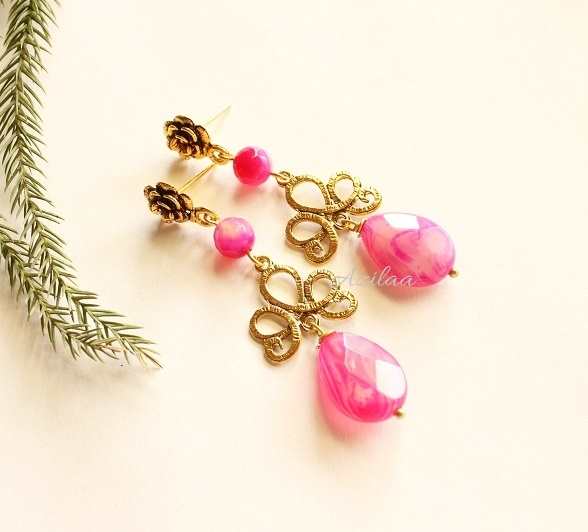 Bright Pink Gold Plated Gemstone Beaded Chandelier Earrings At 1450 Azilaa Bright Pink Gold Plated Gemstone Beaded, Pink And Gold Crystal Chandelier Earrings