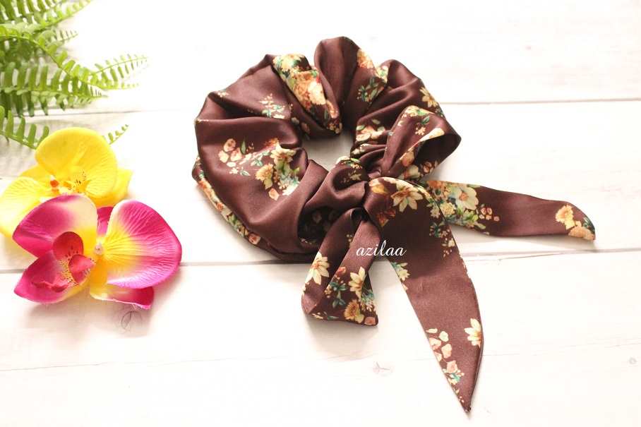 Brown floral handmade large bow scrunchie
