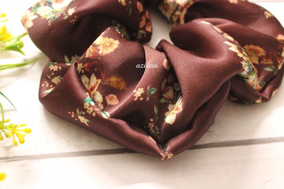Brown floral handmade large bow scrunchie