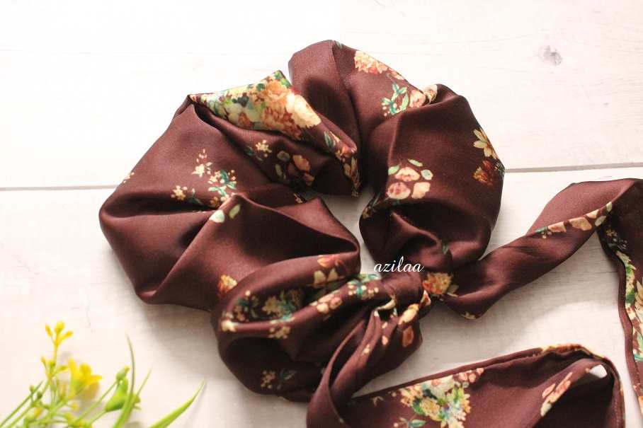 Brown floral handmade large bow scrunchie