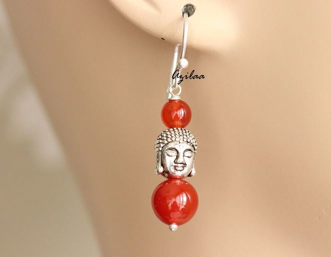 Buddha Carnelain sterling silver handmade gemstone Dangler beaded earrings