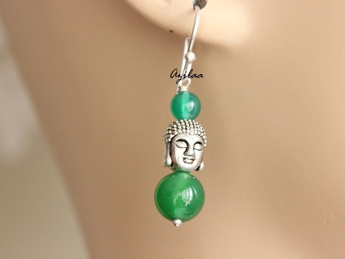 Buddha Green onyx sterling silver handmade gemstone Dangler beaded earrings