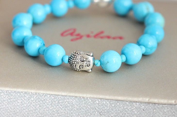 Buddha Turquoise beaded gemstone silver  Bracelet
